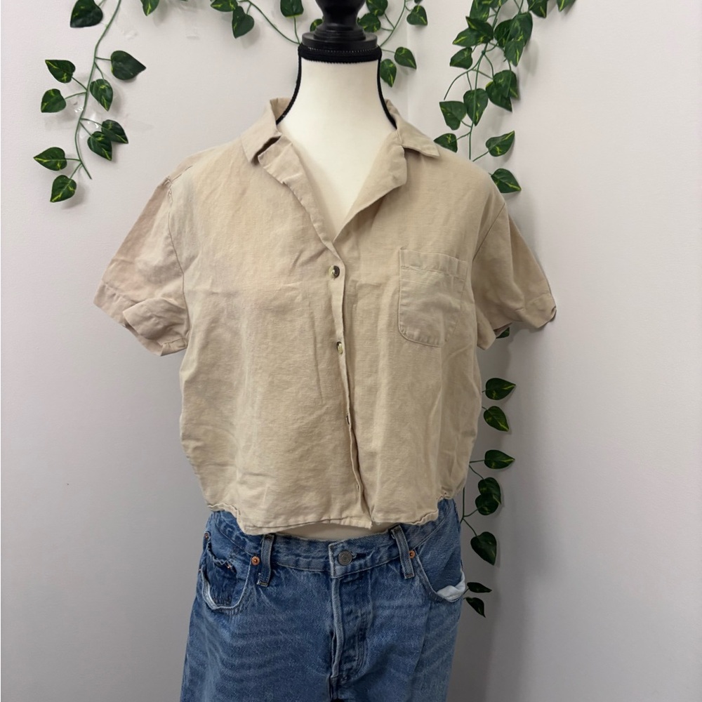OAK + FORT Beige Linen Cotton Blouse Button Up Cream Size M - Picture 5 of 9